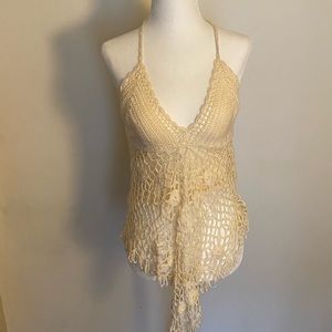 Stretch knit crocheted halter top